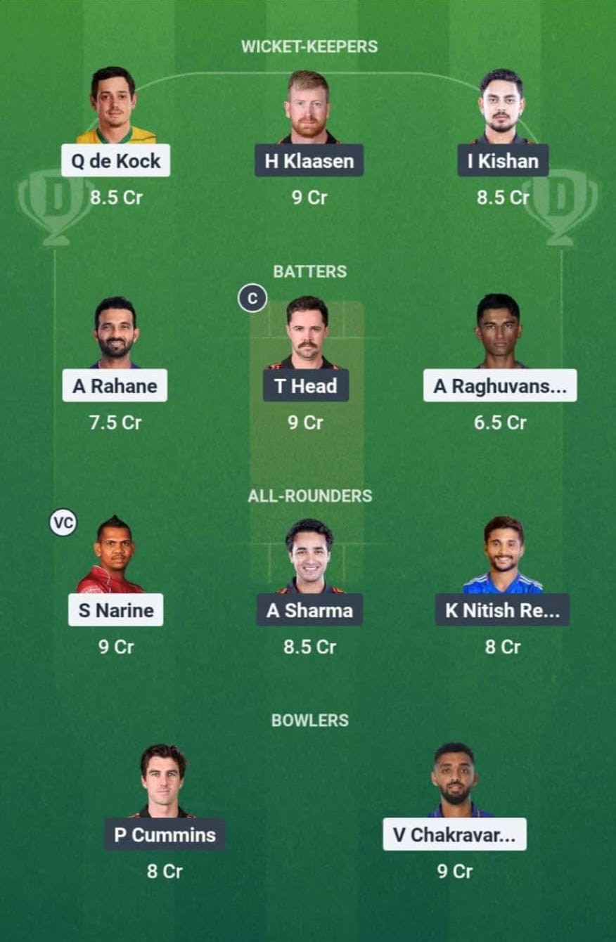 KKR vs SRH Today Dream11 Team Captain And Vice Captain 100% Winning 1st Rank Team