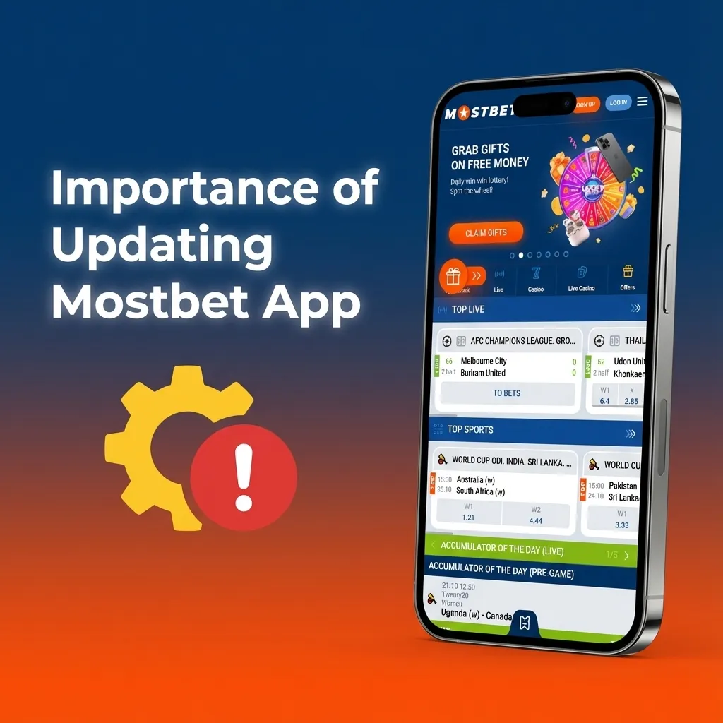 Illustration of a user updating the Mostbet betting app on a smartphone to improve performance, security, and live betting features