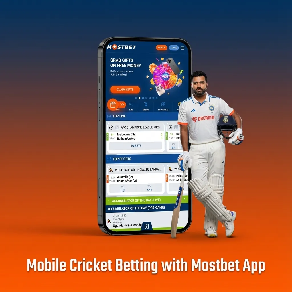 Person using the Mostbet mobile app to bet on cricket, showing odds, rupee stakes and live scores on a smartphone screen