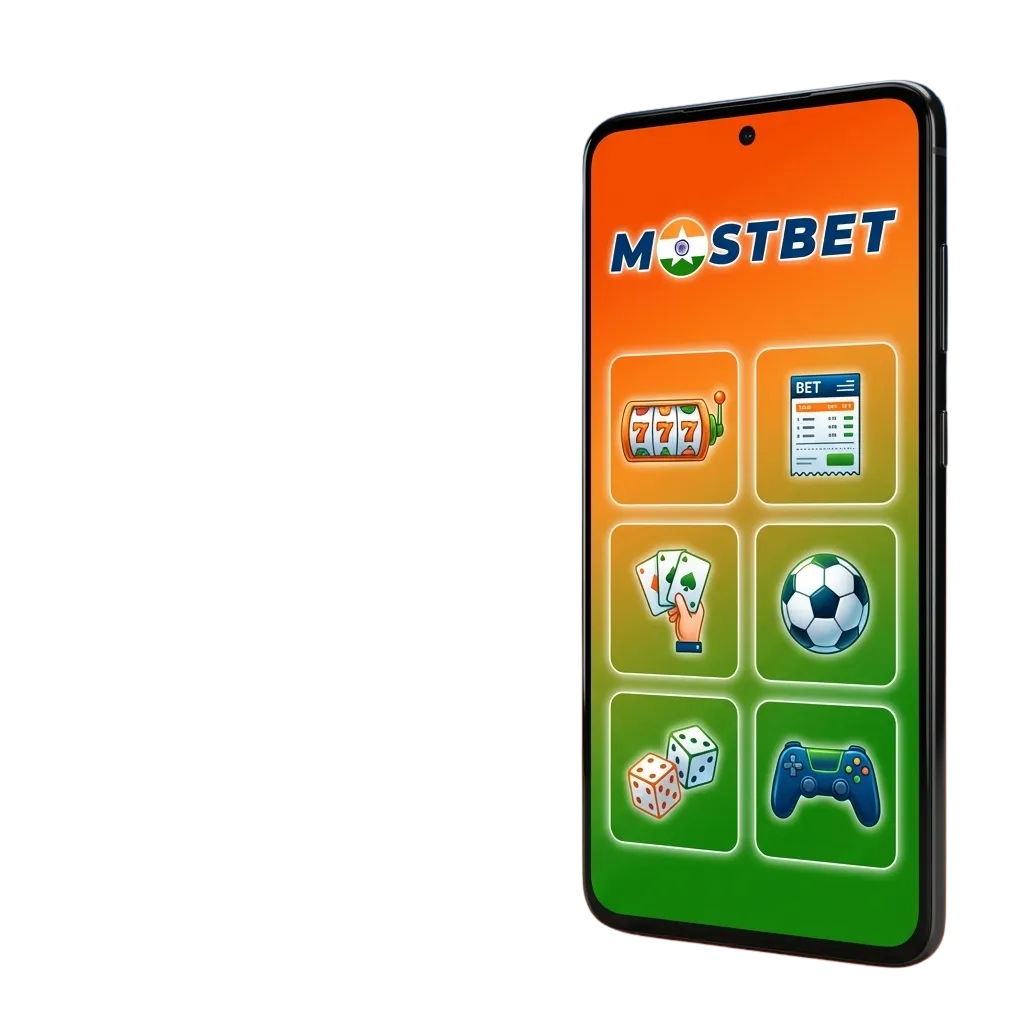 Mostbet Android app screen showing betting options for cricket, football, kabaddi and casino games on a smartphone