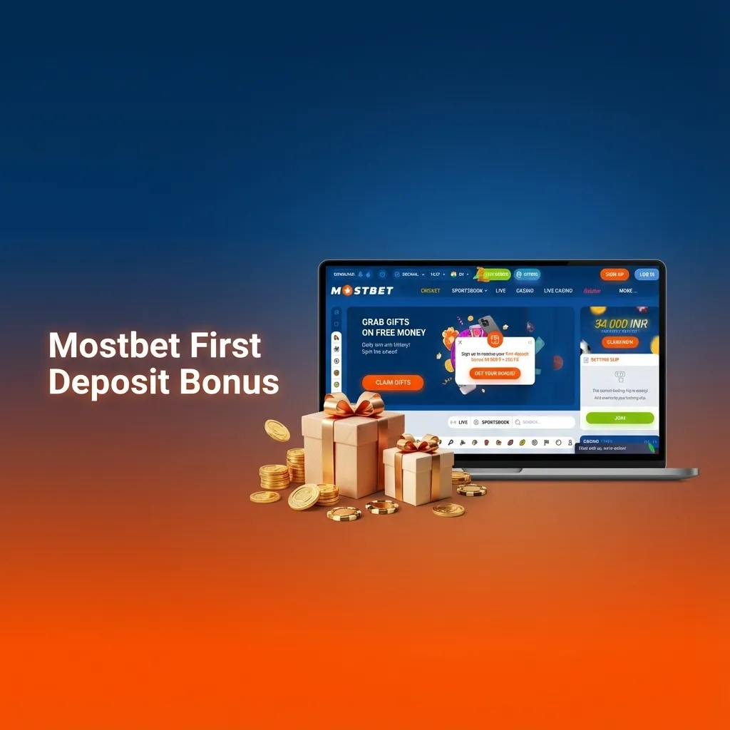 Banner showing “Mostbet 125% First Deposit Bonus + 250 Free Spins” with casino slots and sports icons for Indian users