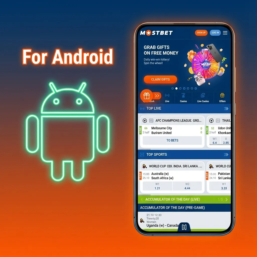 Illustration of installing and using the Mostbet Android casino app with download, install, login, and payment steps shown